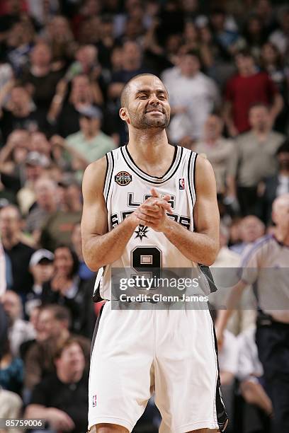 Tony Parker of the San Antonio Spurs cracks a smile during the game against the Dallas Mavericks on March 4, 2009 at the American Airlines Center in...