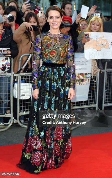 Claire Foy attends the European Premiere of "Breathe" on the opening night gala of the 61st BFI London Film Festival on October 4, 2017 in London,...