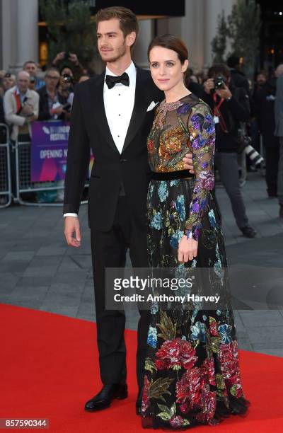 Andrew Garfield and Claire Foy attend the European Premiere of "Breathe" on the opening night gala of the 61st BFI London Film Festival on October 4,...