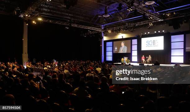 Moderator Carol Roth talks with Dave and Buster's, Inc. CEO Stephen King during Global Gaming Expo on October 4, 2017 in Las Vegas, Nevada.