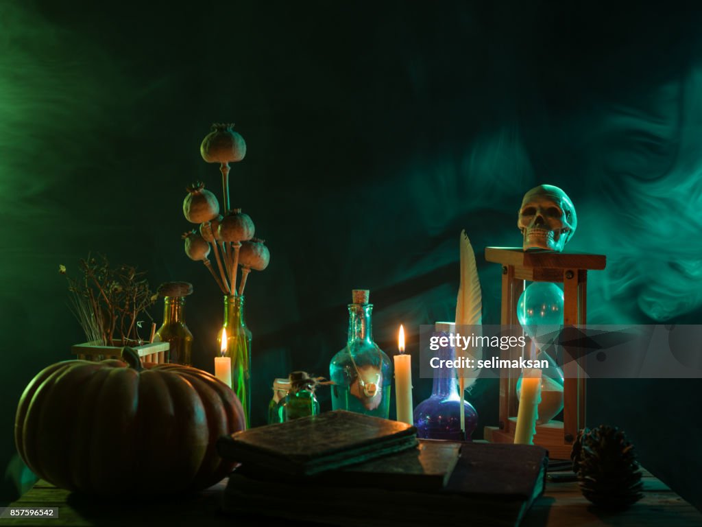 Pumpkin, Poison Bottle, Dead Insects, Candles, Human Skull and Magic Book For Halloween