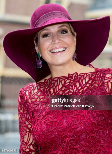 Queen Maxima of The Netherlands opens the travelling exhibition 'Ten Top Pieces On Tour' in the Mauritshuis museum on October 4, 2017 in The Hague,...