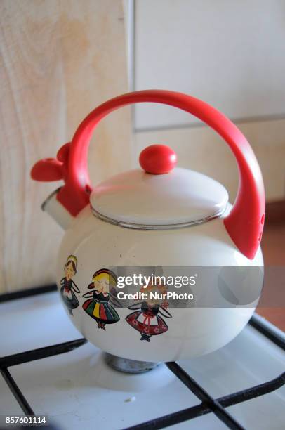 An enamelled whistling kettle is seen on a stove on 19 September, 2017.