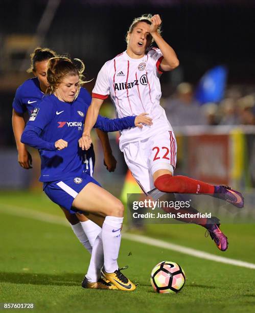 Maren Mjelde of Chelsea Ladies and Verena Faißt of Bayern Munich during the UEFA Womens Champions League Round of 32: First Leg match between Chelsea...