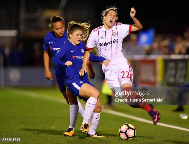 Maren Mjelde of Chelsea Ladies and Verena Faißt of Bayern Munich during the UEFA Womens Champions League Round of 32: First Leg match between Chelsea...