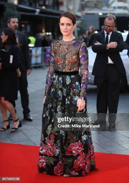 Claire Foy attends the European Premiere of "Breathe" on the opening night gala of the 61st BFI London Film Festival on October 4, 2017 in London,...