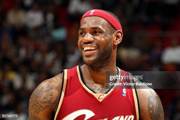 LeBron James of the Cleveland Cavaliers looks on against the Miami Heat during the game at American Airlines Arena on March 2, 2009 in Miami,...