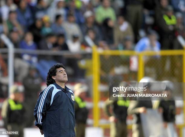 Argentina's national football team coach Diego Maradona gestures during their FIFA World Cup South Africa-2010 qualifier football match against...
