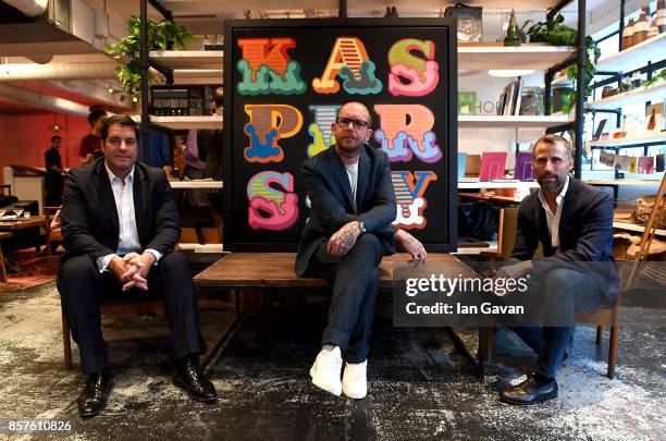 General Manager of Kaspersky Lab UK Adam Maskatiya, Ben Eine and Marketing Director Europe of Kaspersky Lab Aldo Del Bo attends the launch of the ad...
