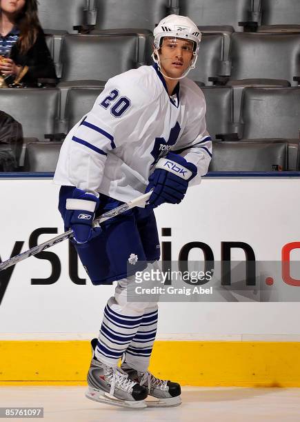 Christian Hanson of the Toronto Maple Leafs skates during warm ups prior to game action against the Philadelphia Flyers April 1, 2009 at the Air...
