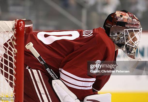 Goaltender Ilya Bryzgalov of the Phoenix Coyotes looks on during the NHL game against the Dallas Stars at Jobing.com Arena on March 30, 2009 in...