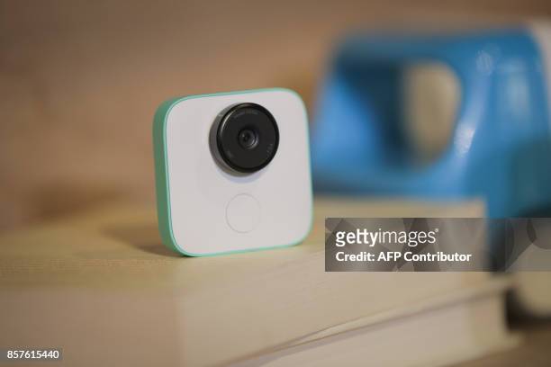 The new Google Clips wireless camera is seen at a product launch event on October 4, 2017 at the SFJAZZ Center in San Francisco, California. Google...