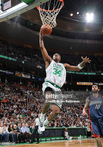 Paul Pierce of the Boston Celtics goes up for a dunk during the game against the Charlotte Bobcats on April 1, 2009 at the TD Banknorth Garden in...