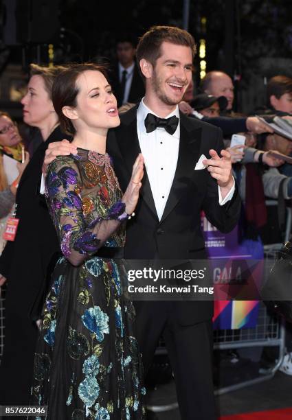Andrew Garfield and Claire Foy attend the European Premiere of "Breathe" on the opening night Gala of the 61st BFI London Film Festival at the Odeon...
