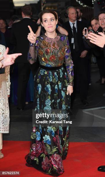 Claire Foy attends the European Premiere of "Breathe" on the opening night Gala of the 61st BFI London Film Festival at the Odeon Leicester Square on...