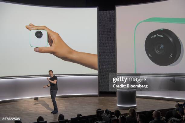 Juston Payne, product manager of hardware for Google Inc., speaks about the Google Clips camera during a product launch event in San Francisco,...