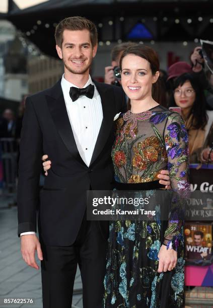 Andrew Garfield and Claire Foy attend the European Premiere of "Breathe" on the opening night Gala of the 61st BFI London Film Festival at the Odeon...