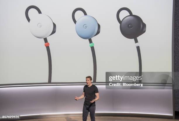 Juston Payne, product manager of hardware for Google Inc., speaks about the Google Pixel Buds wireless headphones during a product launch event in...