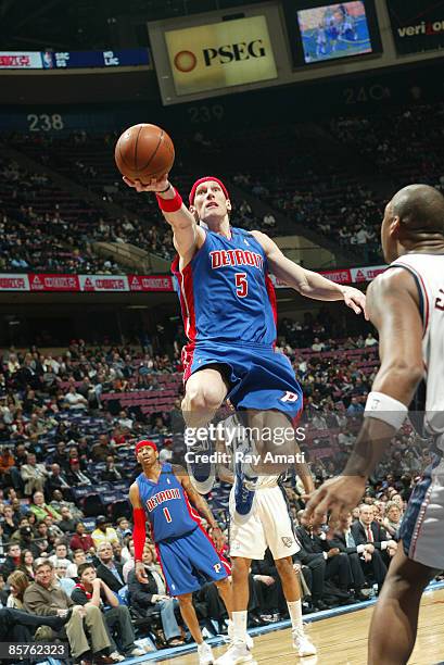 Walter Herrmann of the Detroit Pistons shoots against the New Jersey Nets on April 1, 2009 at the Izod Center in East Rutherford, New Jersey. NOTE TO...