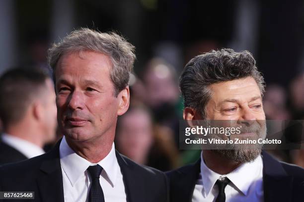 Jonathan Cavendish and Andy Serkis attends the European Premiere of "Breathe" on the opening night gala of the 61st BFI London Film Festival on...