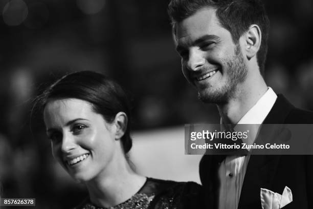 Actors Andrew Garfield and Claire Foy attend the European Premiere of 'Breathe' on the opening night gala of the 61st BFI London Film Festival on...