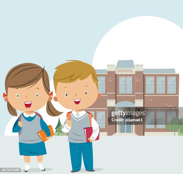 schulgebäude und kinder - school uniform stock-grafiken, -clipart, -cartoons und -symbole