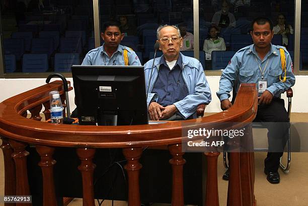 Former Khmer Rouge deputy prime minister and minister of foreign affairs Ieng Sary is seen in the courtroom during a public hearing at the...