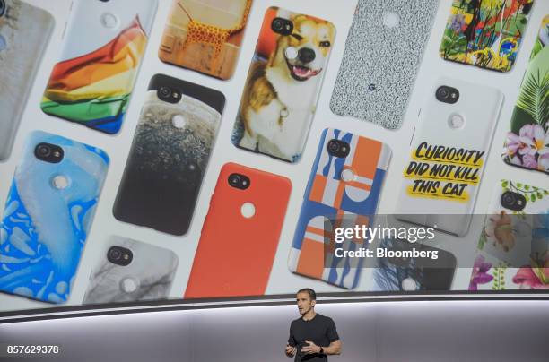 Mario Queiroz, vice president of product management for Google Inc., speaks about the Google Pixel 2 smartphone during a product launch event in San...