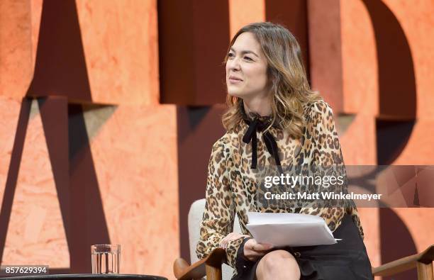 Moderator Emily Chang speaks onstage during Vanity Fair New Establishment Summit at Wallis Annenberg Center for the Performing Arts on October 4,...