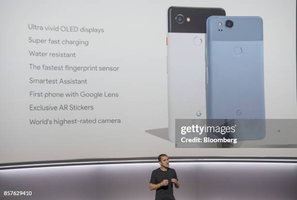 Mario Queiroz, vice president of product management for Google Inc., speaks about the Google Pixel 2 XL and Pixel 2 smartphones during a product...