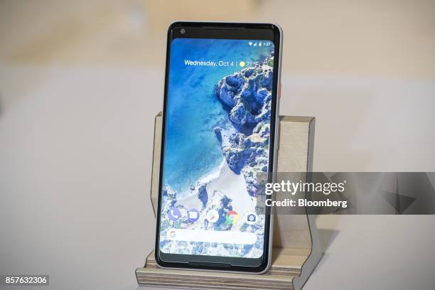 The Google Inc. Pixel 2 XL smartphone is displayed during a product launch event in San Francisco, California, U.S., on Wednesday, Oct. 4, 2017....