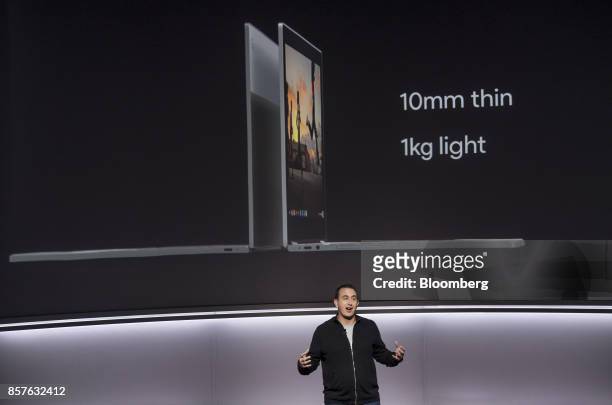 Matt Vokoun, director of product management for Google Inc., speaks about the Google Pixelbook laptop computer during a product launch event in San...