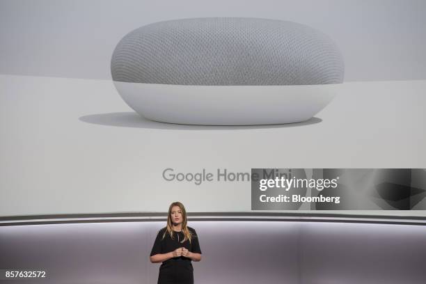 Isabelle Olsson, senior industrial designer for Google Inc., speaks about the Google Home Mini voice speaker during a product launch event in San...