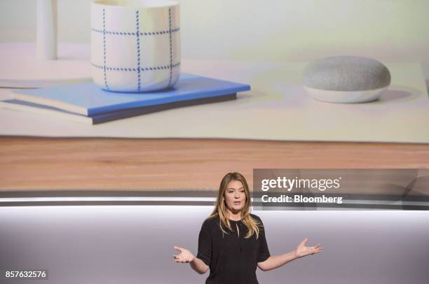 Isabelle Olsson, senior industrial designer for Google Inc., speaks about the Google Home Mini voice speaker during a product launch event in San...