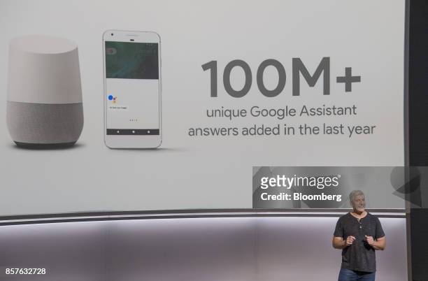 Rick Osterloh, senior vice president of hardware for Google Inc., speaks about the Google Home voice speaker during a product launch event in San...