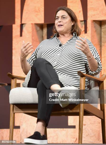 Founder of Luma Foundation Maja Hoffmann speaks onstage during Vanity Fair New Establishment Summit at Wallis Annenberg Center for the Performing...