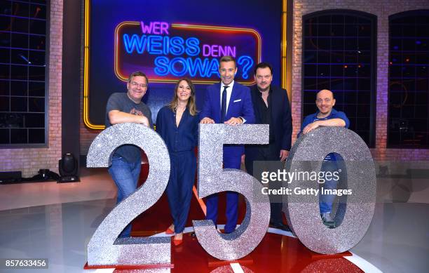 Elton, Anneke Kim Sarnau, Kai Pflaume, Charly Huebner and Bernhard Hoecker attend 250th episode of "Wer weiss denn sowas" at Studio Hamburg on...