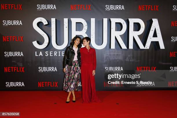 Giulia Bevilacqua and Claudia Pandolfi attend Netflix's Suburra The Series Premiere at The Space Moderno on October 4, 2017 in Rome, Italy.