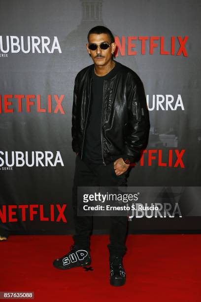 Noyz Narcos attends Netflix's Suburra The Series Premiere at The Space Moderno on October 4, 2017 in Rome, Italy.