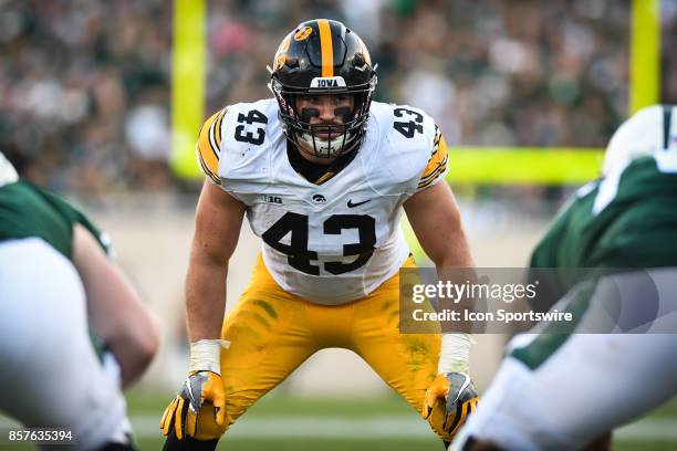 Hawkeyes linebacker Josey Jewell prepares for a snap during a Big Ten Conference NCAA football game between Michigan State and Iowa on September 30...