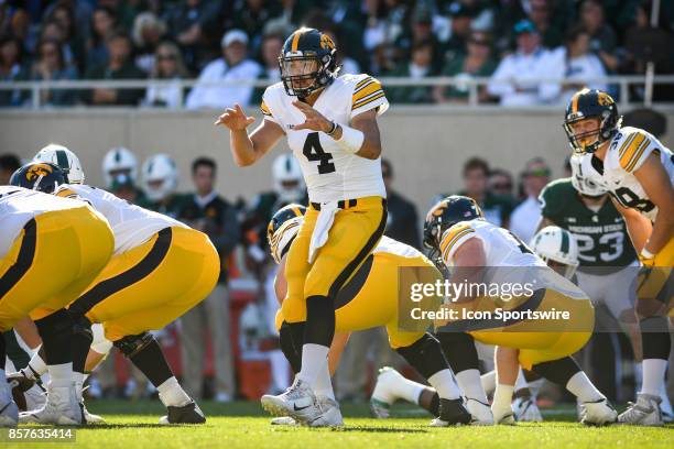 Hawkeyes quarterback Nathan Stanley signals an audible during a Big Ten Conference NCAA football game between Michigan State and Iowa on September 30...