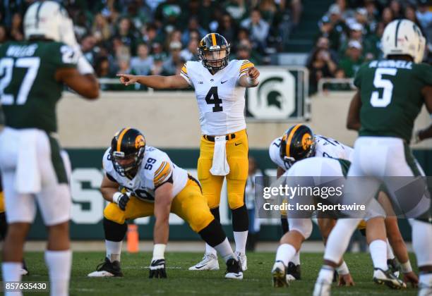 Hawkeyes quarterback Nathan Stanley calls out the defensive coverage during a Big Ten Conference NCAA football game between Michigan State and Iowa...