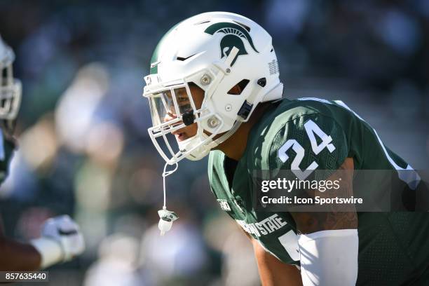 Spartans running back Gerald Holmes lines up for a drill during a Big Ten Conference NCAA football game between Michigan State and Iowa on September...