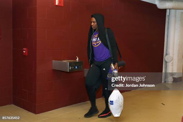 Jantel Lavender of the Los Angeles Sparks arrives before the game against the Minnesota Lynx in Game 5 of the 2017 WNBA Finals on October 4, 2017 in...