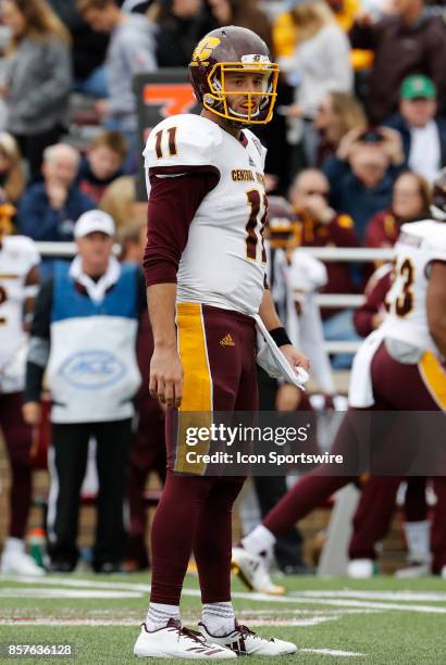 Central Michigan quarterback Shane Morris looks to the sideline during a game between the Boston College Eagles and the Central Michigan Chippewas on...