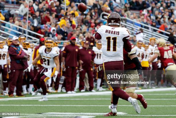 Central Michigan quarterback Shane Morris passes during a game between the Boston College Eagles and the Central Michigan Chippewas on September 30...