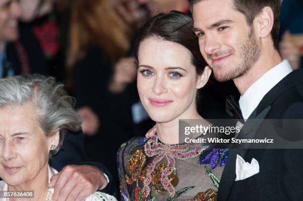 Andrew Garfield, Claire Foy and Diana Cavendish attend the UK film premiere of Breathe at Odeon Leicester Square during the 61st BFI London Film...