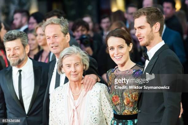 Andrew Garfield, Claire Foy, Diana Cavendish, Jonathan Cavendish and Andy Serkis attend the UK film premiere of Breathe at Odeon Leicester Square...