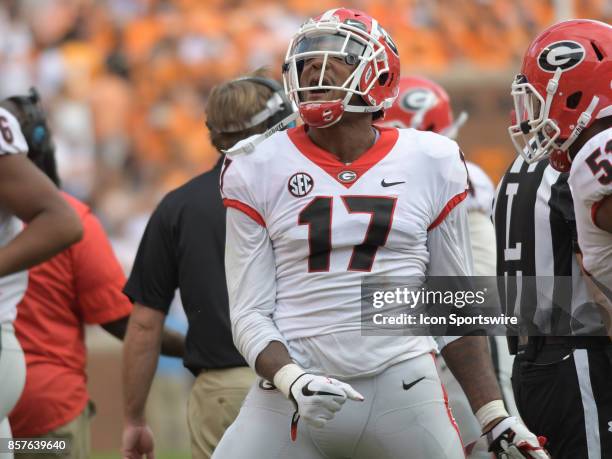 Georgia Bulldogs linebacker Davin Bellamy celebrates a quarterback sack during the game between the Georgia Bulldogs and the Tennessee Volunteers on...