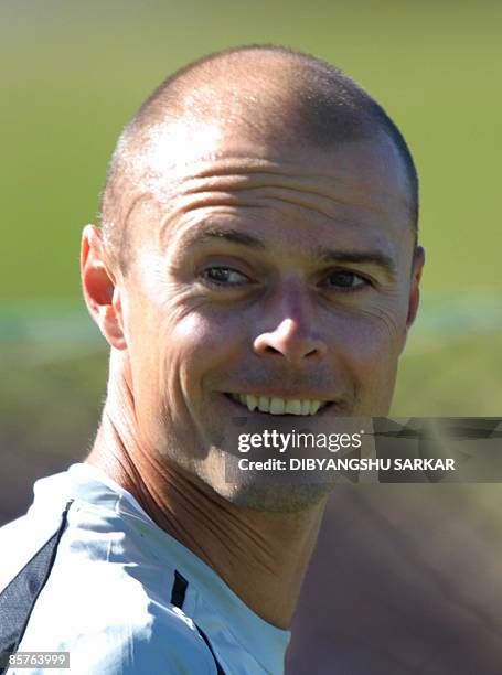 New Zealand cricketer Chris Martin looks on during a practice session on the eve of the final Test between New Zealand and India, at the Basin...